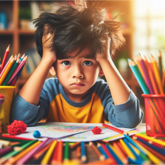 Грустный ребенок держится за голову